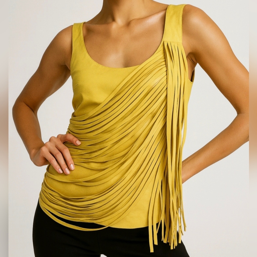 Nour Hammour Paris Top Butter Yellow Lambskin Leather Fringe Size 36 (S)